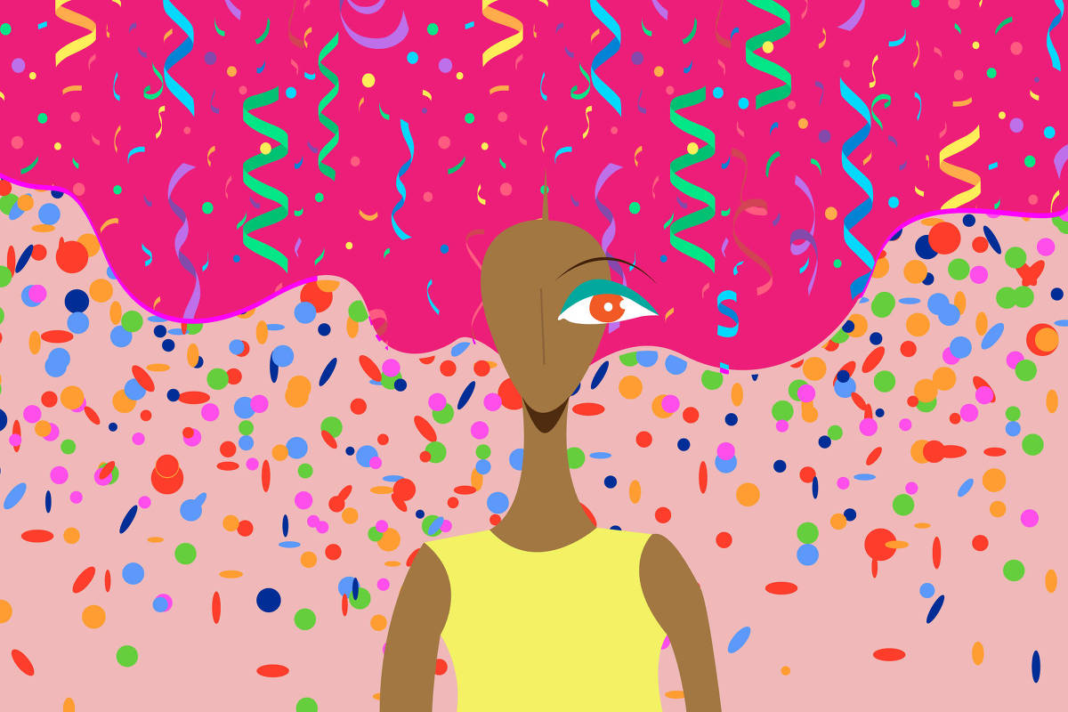 A imagem apresenta uma figura estilizada com pele marrom e um olho destacado em laranja. A figura usa uma blusa amarela e está cercada por um fundo vibrante com confetes coloridos e serpentinas em um fundo rosa. O cenário transmite uma atmosfera festiva e alegre.