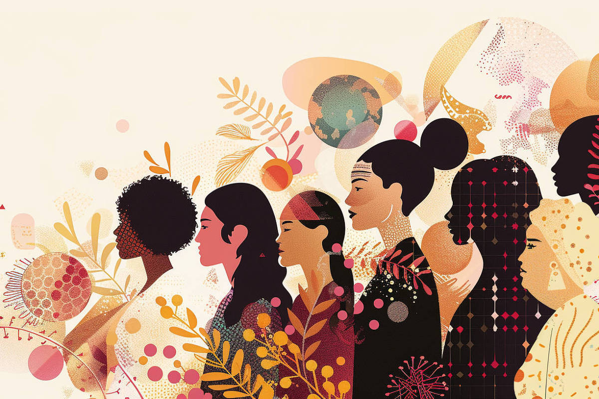 Ilustração mostra várias mulheres de diferentes raças
