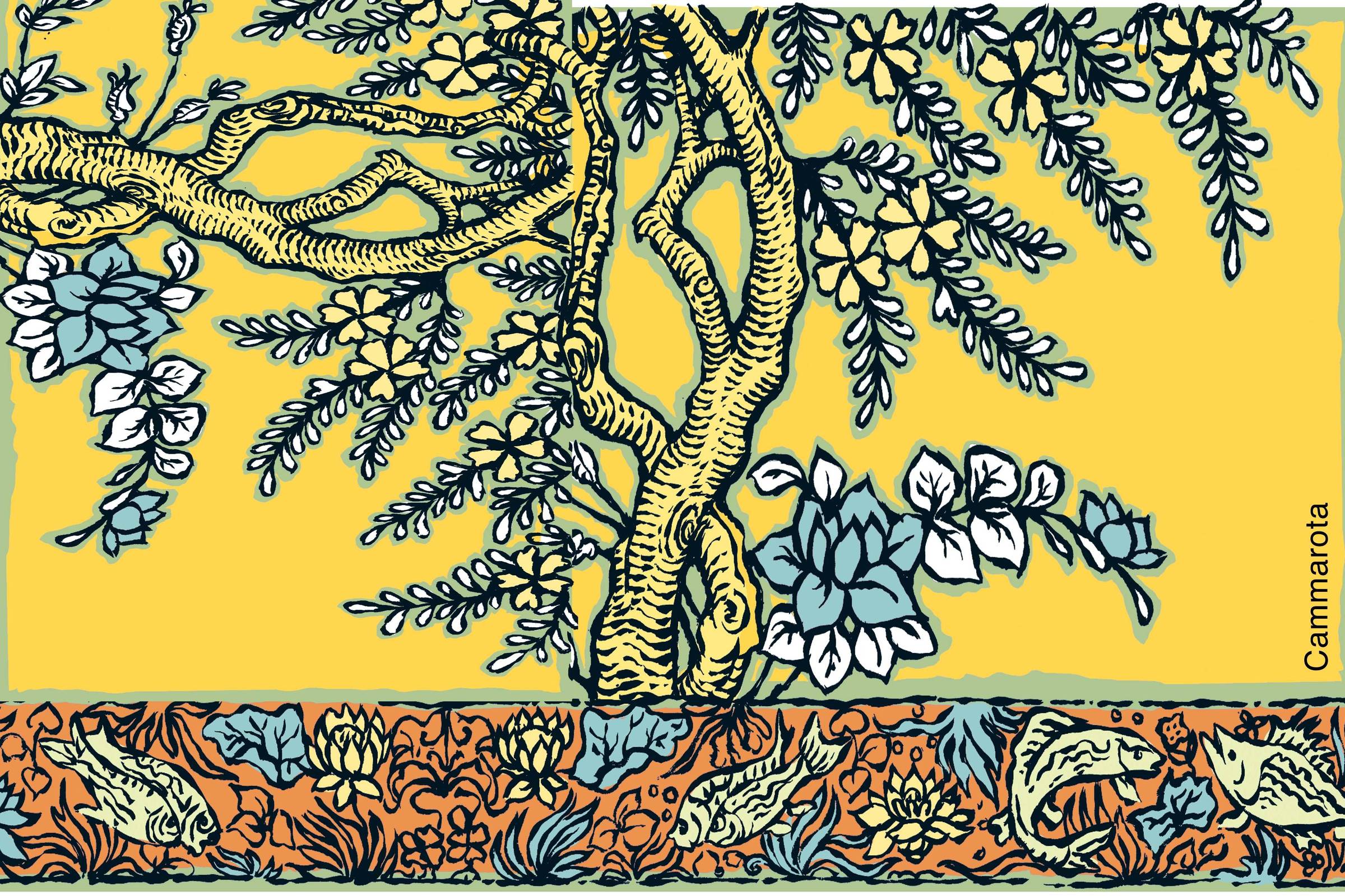 O homem liberal não existe   A ilustração de Ricardo Cammarota foi executada em técnica manual, com tinta nanquim e pincel sobre papel. Posteriormente, a arte foi escaneada e colonizada digitalmente.  Na horizontal, proporção 13,9cm x 9,1cm, a imagem multicolorida apresenta um estilo artístico detalhado com traços pretos tortuosos. Ao fundo, há um amarelo intenso em contraste marcante com os elementos orgânicos desenhados, como um tronco de árvore que se entrelaça, formando uma composição fluida. As folhas e flores, desenhadas com linhas curvas e orgânicas, se distribuem por toda a imagem, com tons de verde e azul claro, destacando-se contra o fundo.  Na base da imagem, o cenário parece transitar para uma paisagem, com detalhes como flores de lótus e peixes nadando em fluidez e movimento. As cores e os detalhes intrincados conferem um aspecto de uma obra de arte clássica, com um toque moderno.