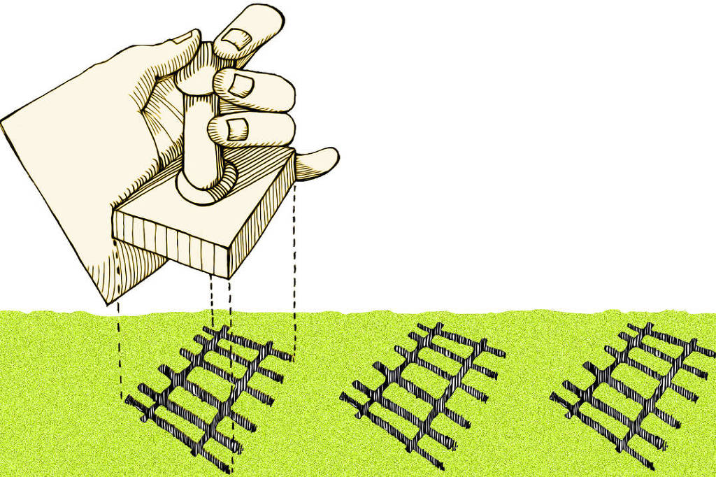 Na ilustração, uma mão que carimba sobre um chão verde limão. A imagem que deixa o carimbo é um pedaço de uma grade de prisão, que se repete na ilustração.