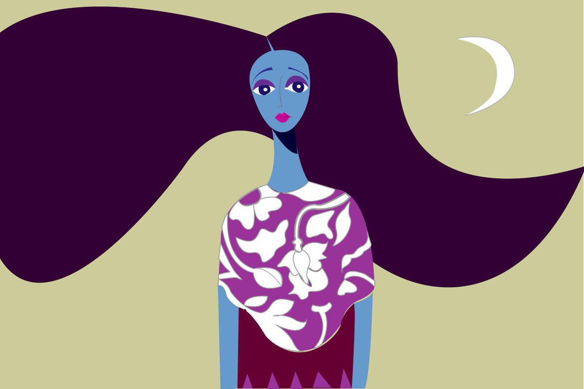 A imagem apresenta uma ilustração estilizada de uma mulher com cabelo longo e escuro, que flui para o lado. Ela tem a pele azul e expressa uma expressão neutra. A mulher está vestindo uma blusa com um padrão floral em tons de roxo e branco. Ao fundo, há uma cor de fundo clara e uma lua crescente no canto superior direito.