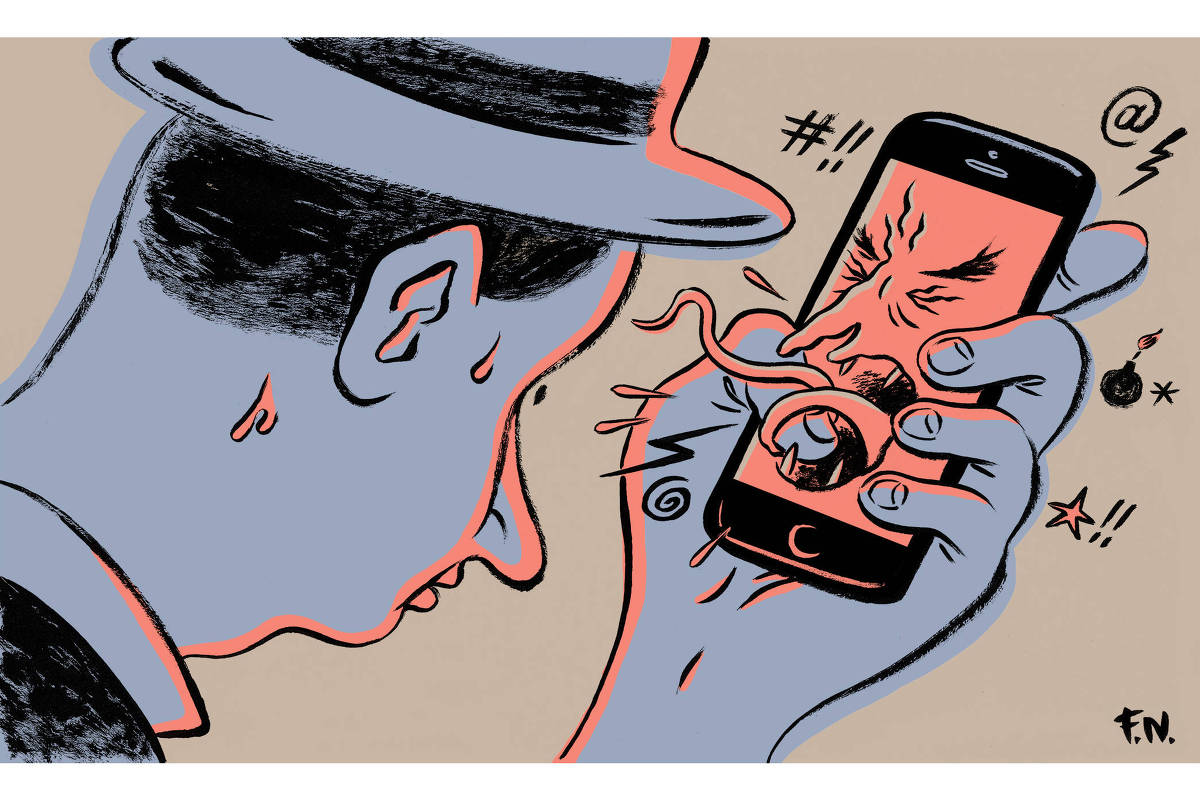 A ilustração mostra um homem de chapéu, expressando surpresa enquanto olha para um smartphone que tem na tela um rosto com raiva e frustração, rodeado com símbolos como