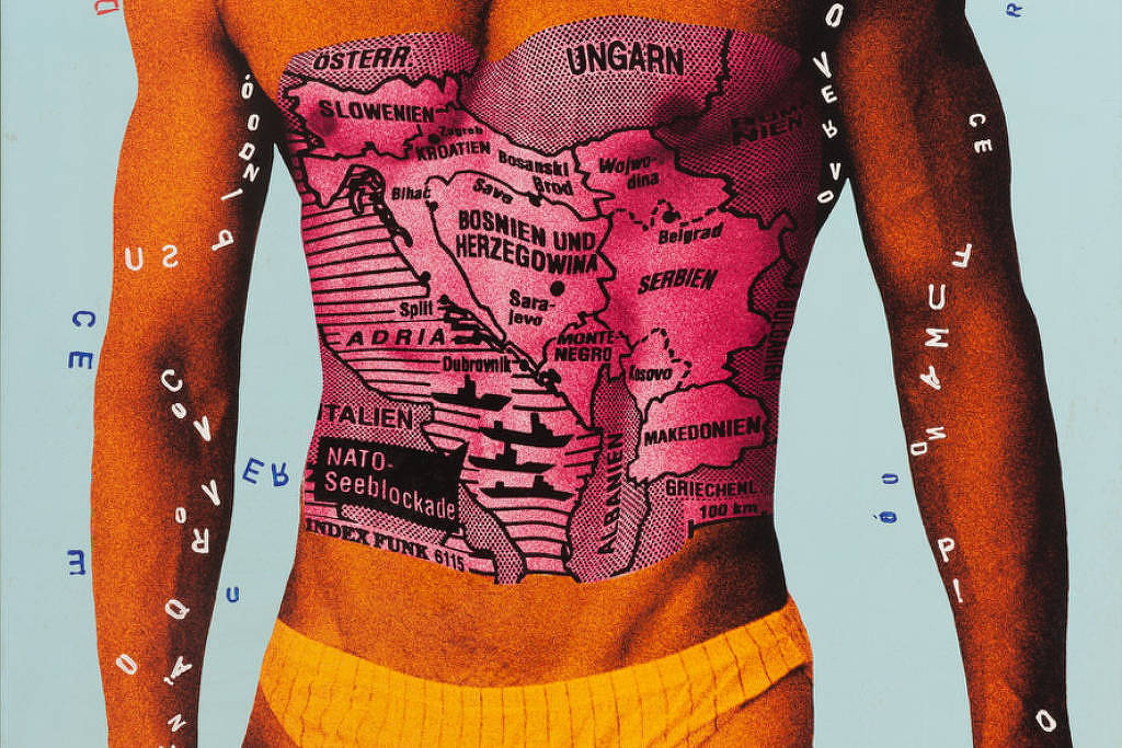 A imagem apresenta um corpo masculino nu, com a parte superior do torso coberta por um mapa estilizado da Europa Central e Oriental. O mapa é em tons de rosa e contém nomes de países e cidades, como