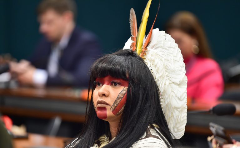 Deputada Célia Xakriabá usa um cocar indígena