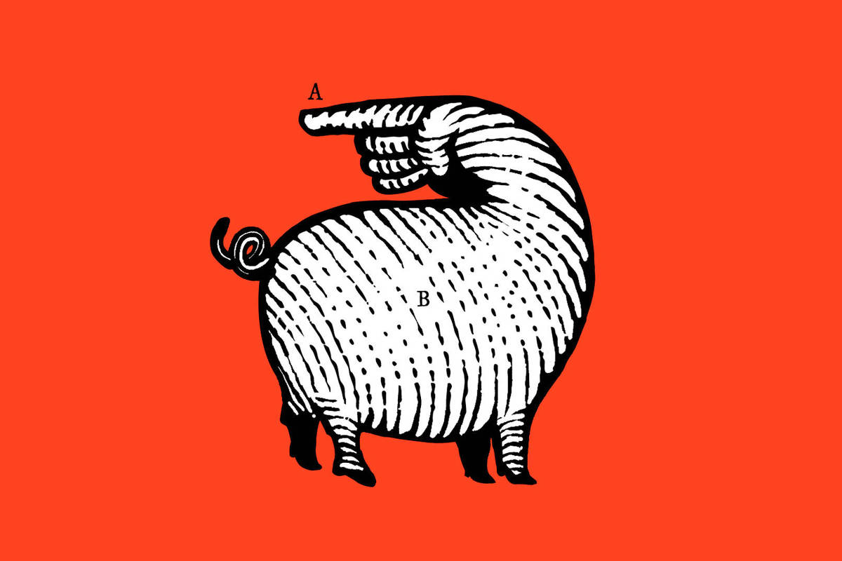 A imagem apresenta uma ilustração estilizada de um porquinho, com um corpo listrado em preto e branco. O porquinho está posicionado de lado, e há uma mão no lugar de sua cabeça, a mão aponta para a esquerda enquanto a cabeça está no lado direito da imagem. Acima da mão, há uma letra