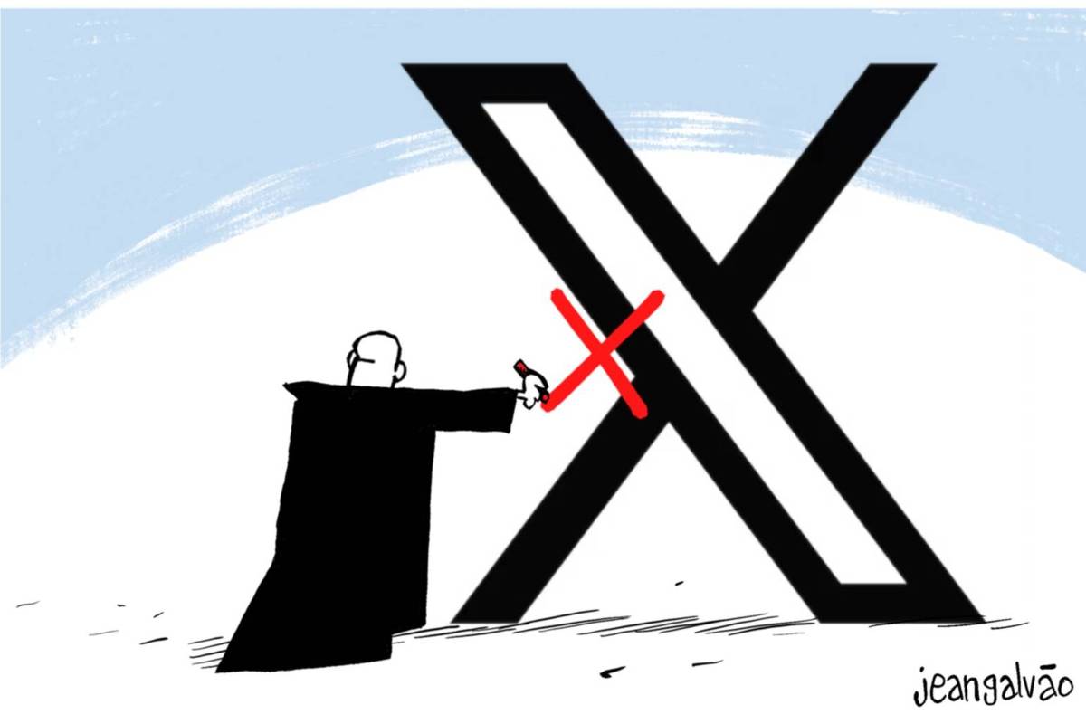 A charge de Jean Galvão publicada na Folha mostra o Ministro Alexandre de Moraes de costas, com o braço esticado e escrevendo um x em vermelho sobre o logotipo da rede social X, em tamanho grande.