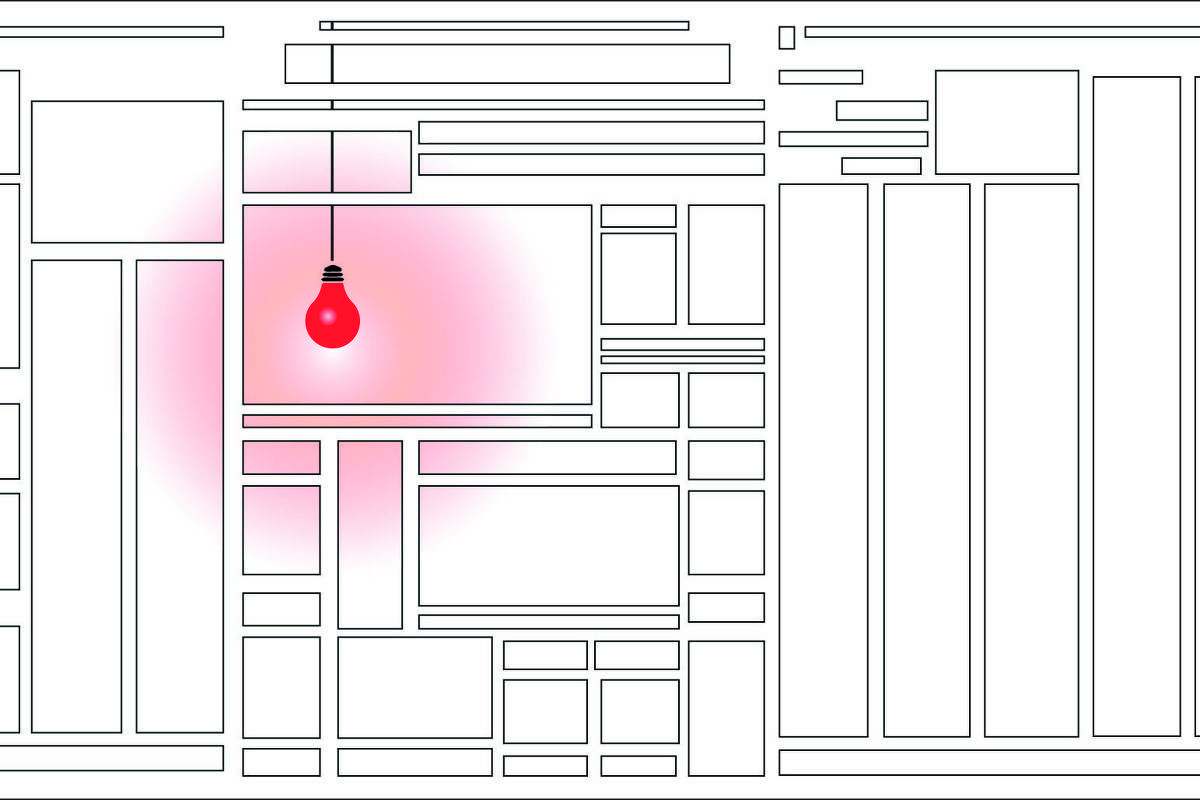 Uma lâmpada vermelha aparece entre as colunas de um diagrama de jornal.