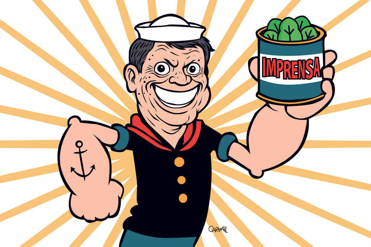 Caricatura do governador Tarcísio de Freitas caracterizado como o marinheiro Popeye,  personagem de desenho animado. Na sua mão esquerda, uma lata onde se lê a palavra