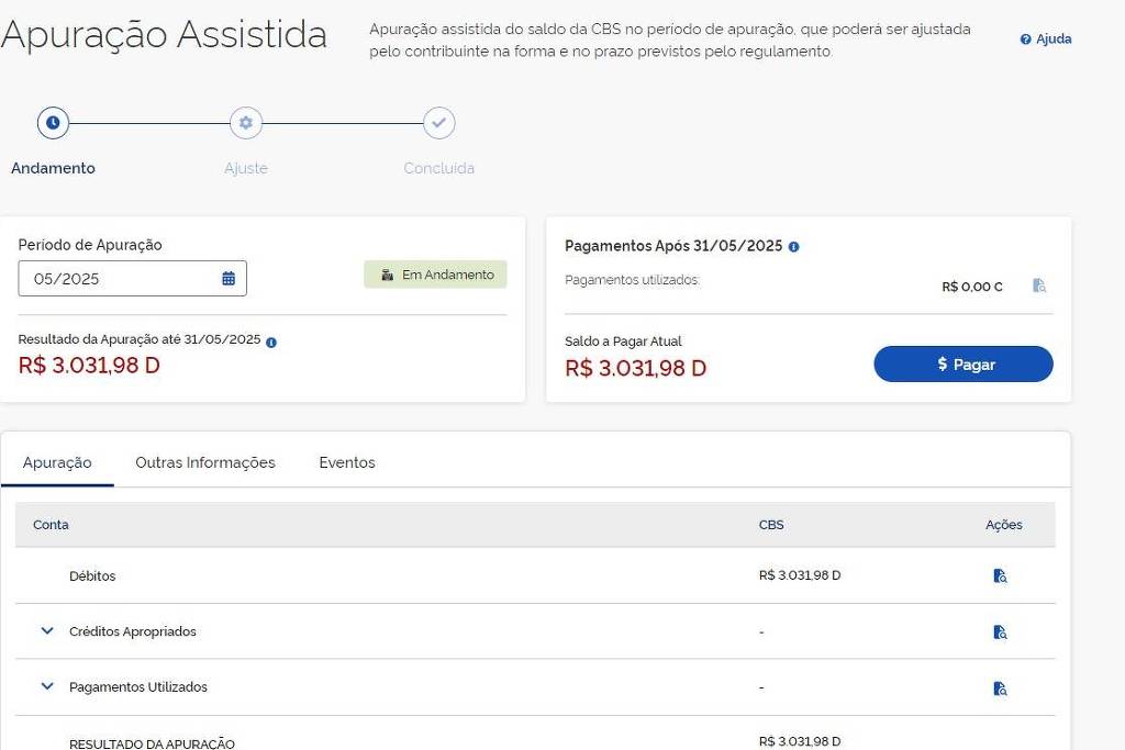 A imagem mostra uma interface de um sistema de apuração assistida, com informações sobre o período de apuração, resultados financeiros e pagamentos. O período de apuração é de 05/2025, com um saldo a pagar de R$ 3.031,98. Há também detalhes sobre débitos, créditos apurados e pagamentos utilizados, além de um botão para realizar o pagamento.