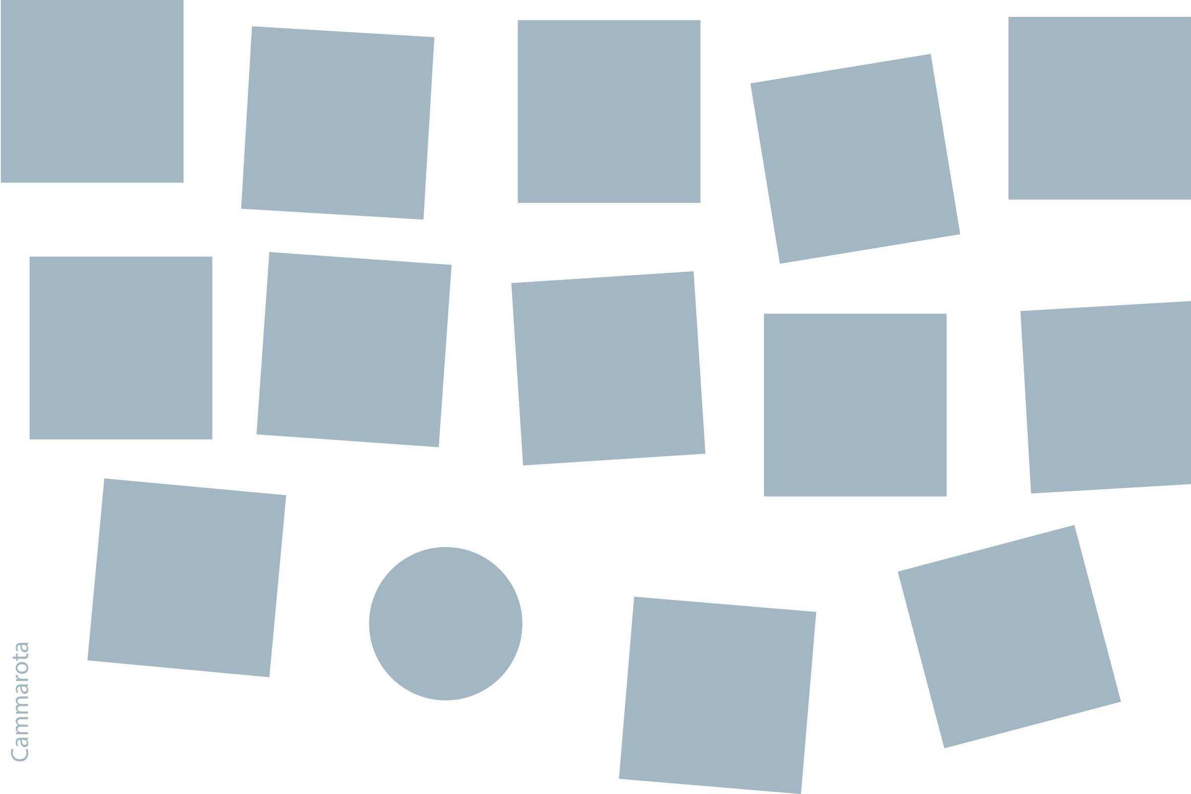 A ilustração de Ricardo Cammarota foi executada em técnica digital, vetor. Imagem na horizontal, medindo 13,9 cm x 9,1 cml, composição gráfica abstrata em fundo branco. Quinze formas geométricas preenchidas em azul acinzentado estão distribuídas irregularmente por toda a área. Quatorze dessas formas são quadrados levemente rotacionados em ângulos variados, e uma é um círculo, localizado próximo à base central da imagem. As figuras não se sobrepõem e estão afastadas entre si.