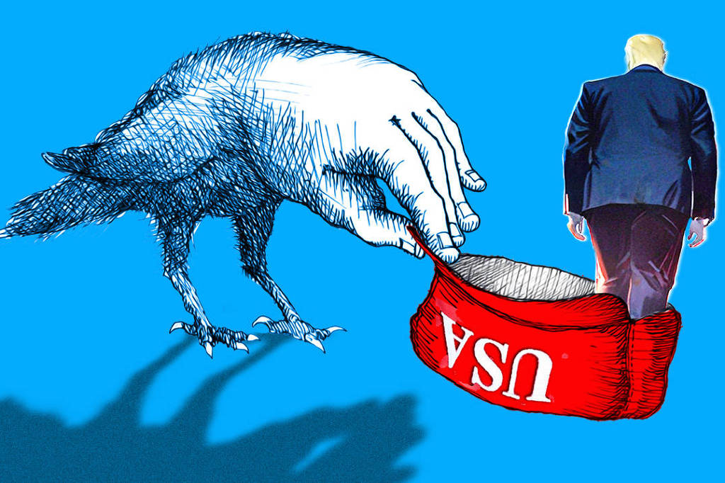 Sobre um fundo azul intenso, uma figura humana reconhecível como Donald Trump, de costas, está dentro de um boné vermelho com a palavra
