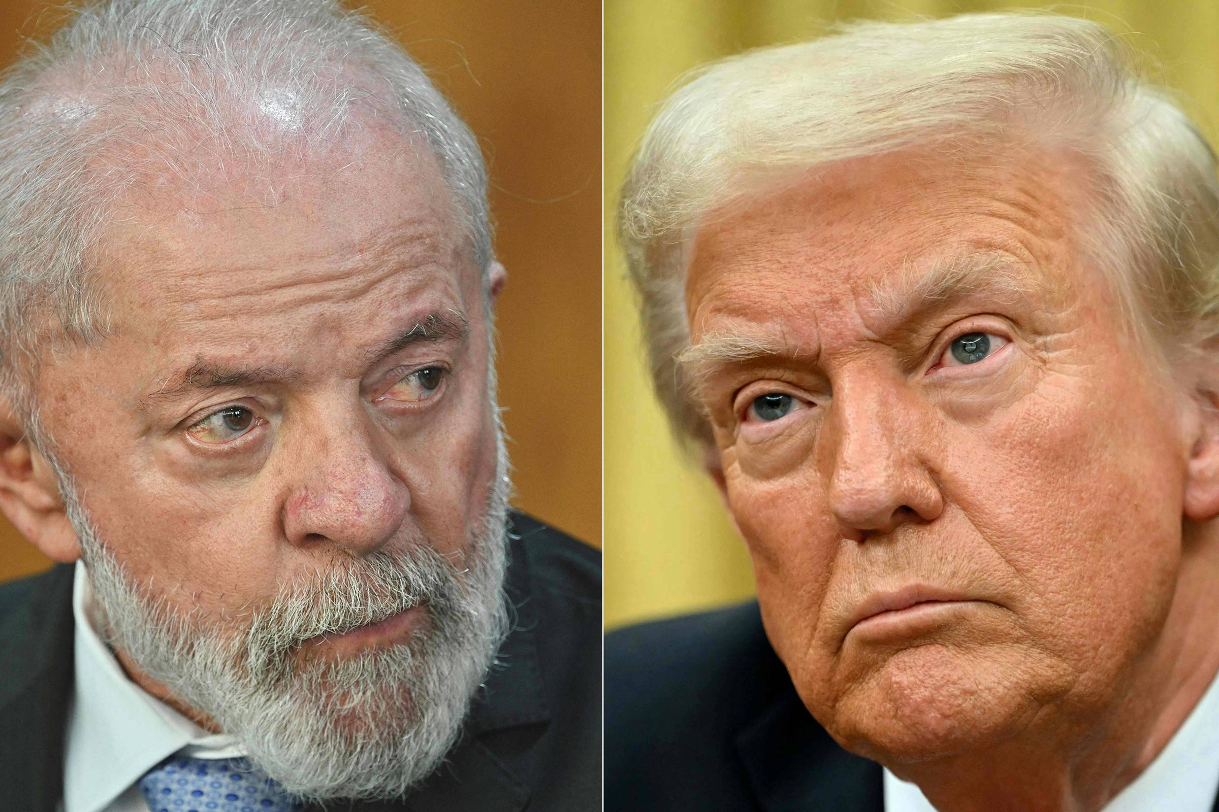 A imagem é dividida em duas partes. À esquerda, Lula, um homem com cabelo grisalho e barba, vestindo um terno escuro e uma gravata azul, olhando para a direita. À direita, Donald Trump, um homem com cabelo loiro e liso, com uma expressão séria, também vestindo um terno escuro. O fundo é desfocado, destacando os rostos dos dois homens.
