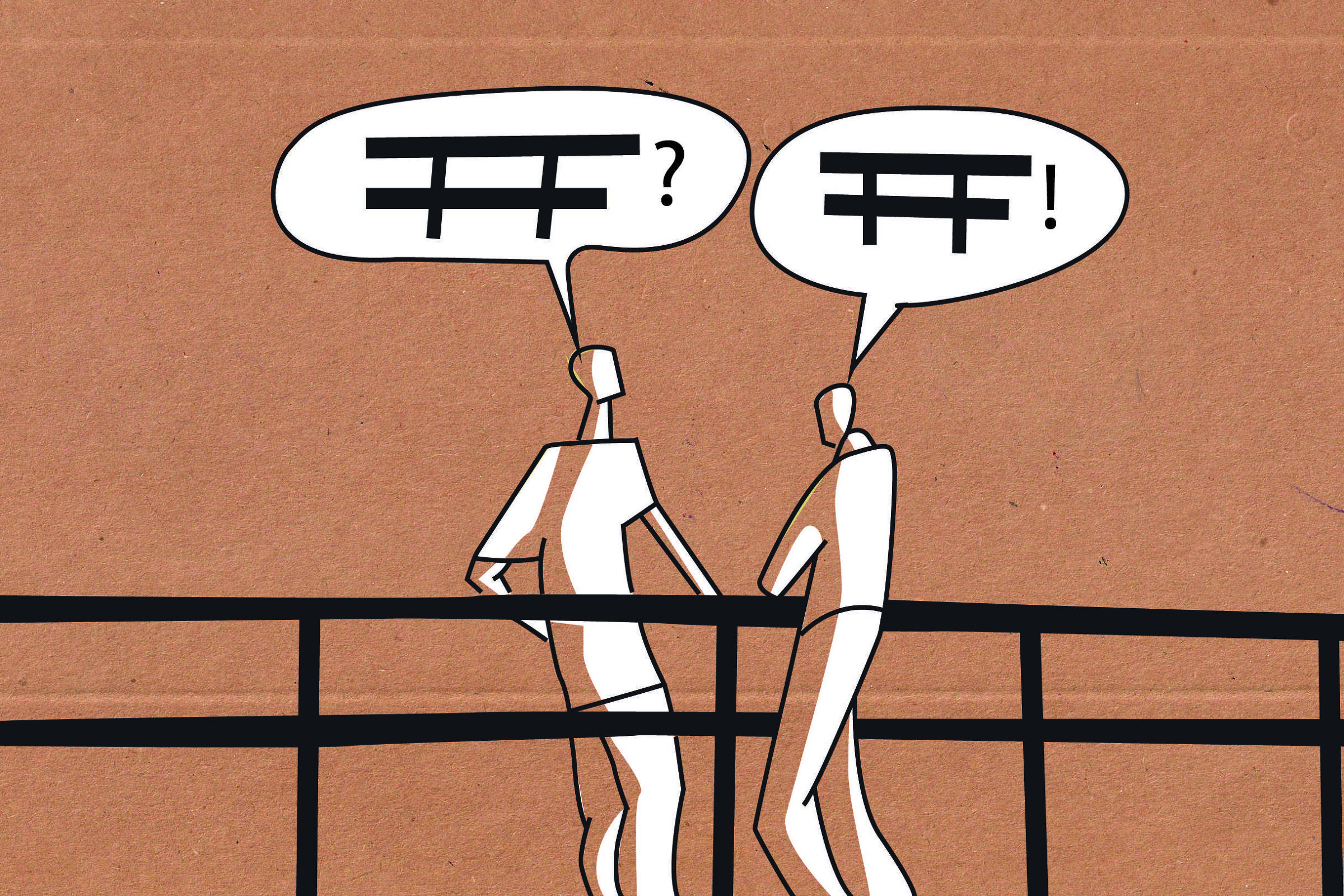 Duas pessoas conversando tendo entre elas uma grade, a conversa, representada por balões de fala, tem como assunto a própria grade.