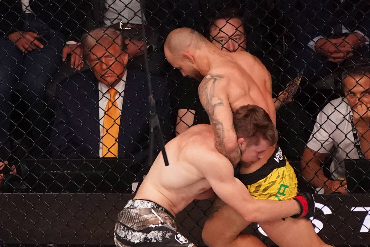 A imagem mostra uma cena de uma luta de MMA dentro de um octógono. Dois lutadores estão em combate, um deles está em pé e parece estar tentando derrubar o outro, que está agachado e segurando a perna do oponente. Ao fundo, há uma grade de proteção e espectadores assistindo à luta, incluindo uma pessoa com um terno escuro e gravata. A iluminação é intensa, destacando os lutadores e a ação.