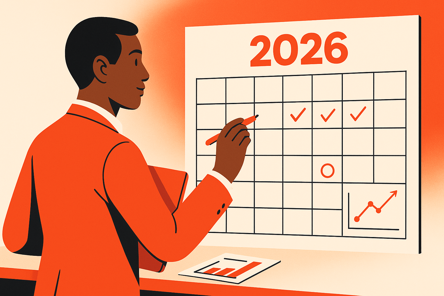 Um profissional de marketing analisa um calendário de 2026.