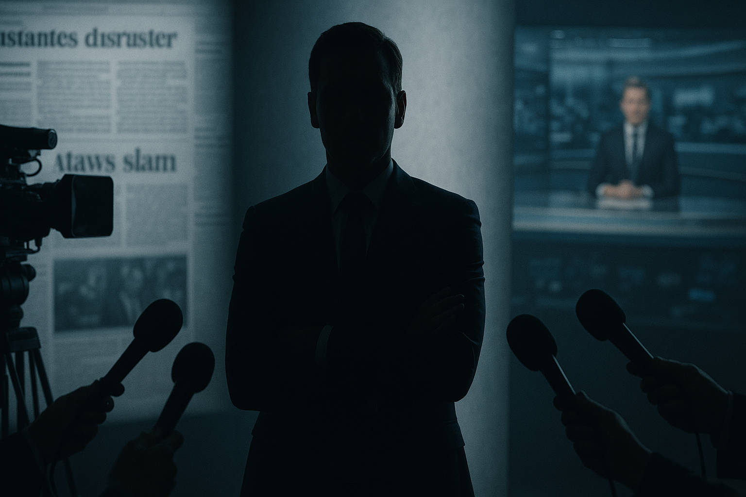 Imagem horizontal com a silhueta de um CEO dividido entre luz e sombra, ao fundo câmeras, microfones e telas de notícias desfocadas, representando como a mídia pode construir ou destruir a reputação de líderes empresariais.