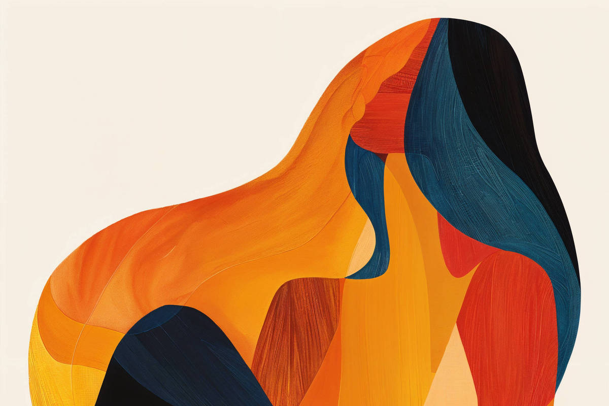 Figura feminina estilizada em pose sentada, composta por formas sobrepostas em tons de laranja, vermelho, azul e preto, criando efeito de transparência e movimento.