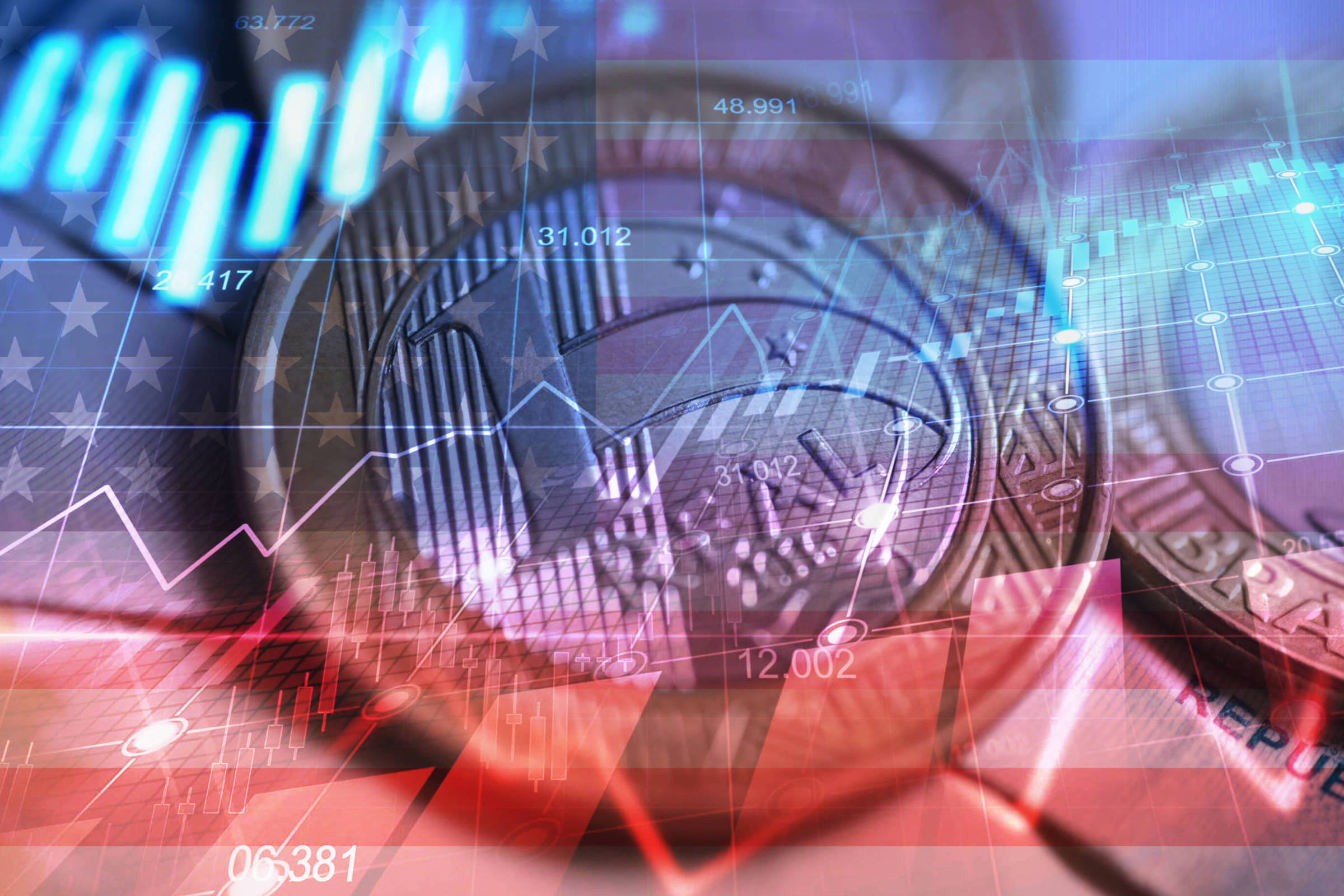 A imagem apresenta uma sobreposição de gráficos financeiros e moedas digitais. No fundo, há uma representação de gráficos de linha e barras, com números e dados financeiros. Em primeiro plano, destacam-se moedas digitais, possivelmente representando criptomoedas, com um fundo que sugere um tema financeiro. A imagem tem um efeito de sobreposição que combina elementos gráficos e cores vibrantes.