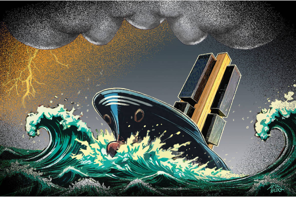 A ilustração de Amarildo, publicada na Folha de São Paulo em 01 de setembro de 2024, no formato horizontal, mostra um navio nas cores azul, preto e vermelho transportando o prédio do Banco Central do Brasil em meio a uma tempestade no mar. O céu é cinza escuro com uma nuvem mais escura na parte superior. Do lado esquerdo, há uma luz laranja com um raio amarelo sobre ela. O mar, nas cores verde, amarelo claro e preto, tem ondas gigantes batendo no navio