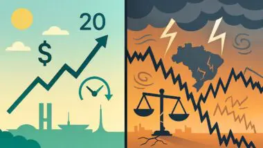 Economia 2026 em díptico: primeiro semestre com bolsa em alta e juros em queda (verde/azul); segundo semestre com volatilidade, desequilíbrio fiscal e tempestade (cinza/laranja)