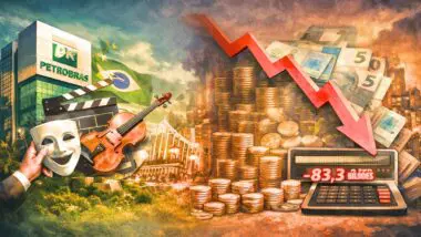 lustração editorial simbolizando o contraste entre o recorde de repasses de estatais para a Lei Rouanet e o gráfico de déficit nas contas públicas do governo federal