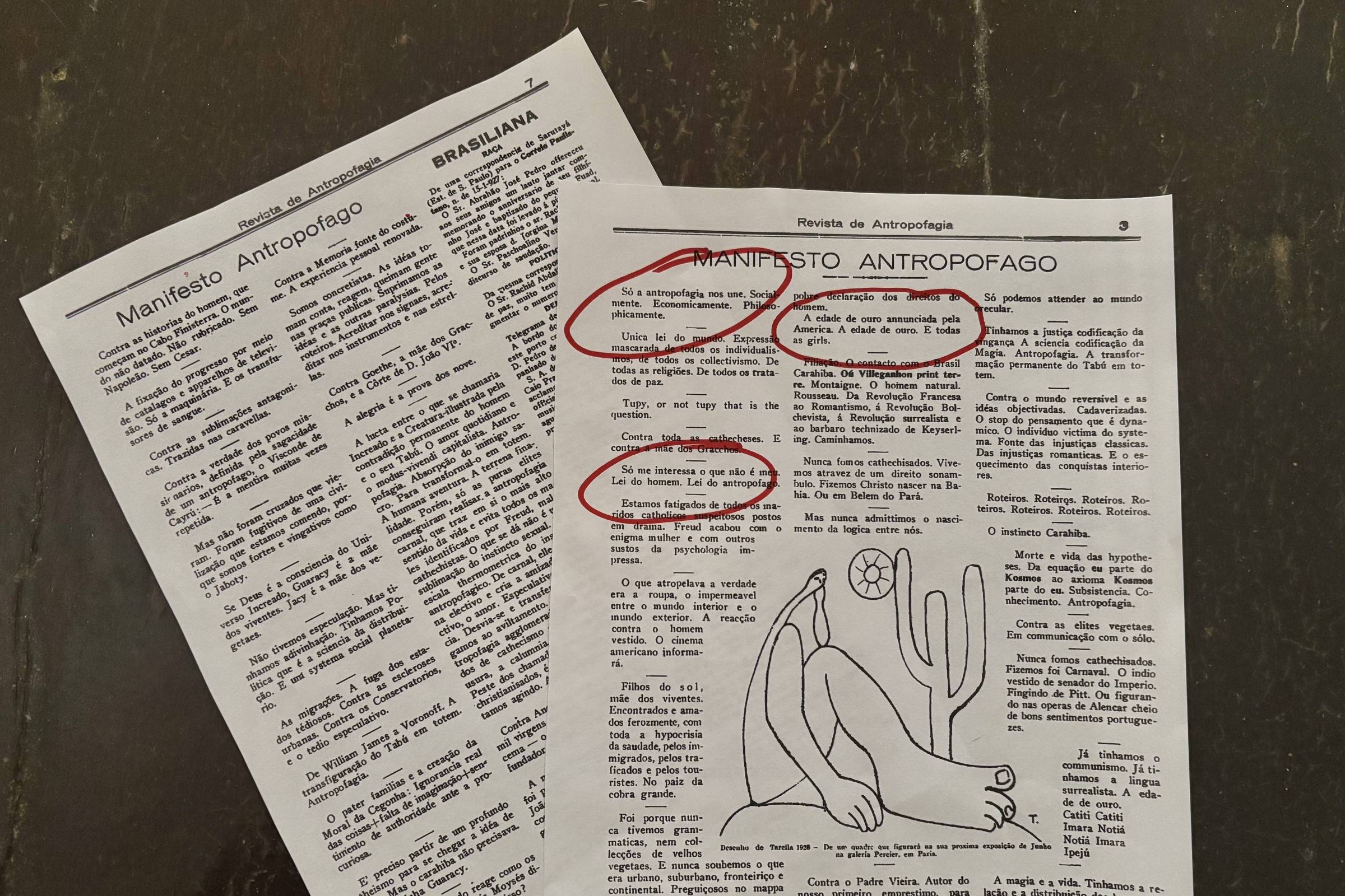 Duas páginas impressas do Manifesto Antropófago estão sobre uma superfície escura. A página da frente contém texto em colunas e uma ilustração estilizada de uma figura humana sentada ao lado de um cacto, com três trechos do texto destacados por círculos vermelhos. A página de trás está parcialmente visível, com texto em colunas, mas sem destaques.