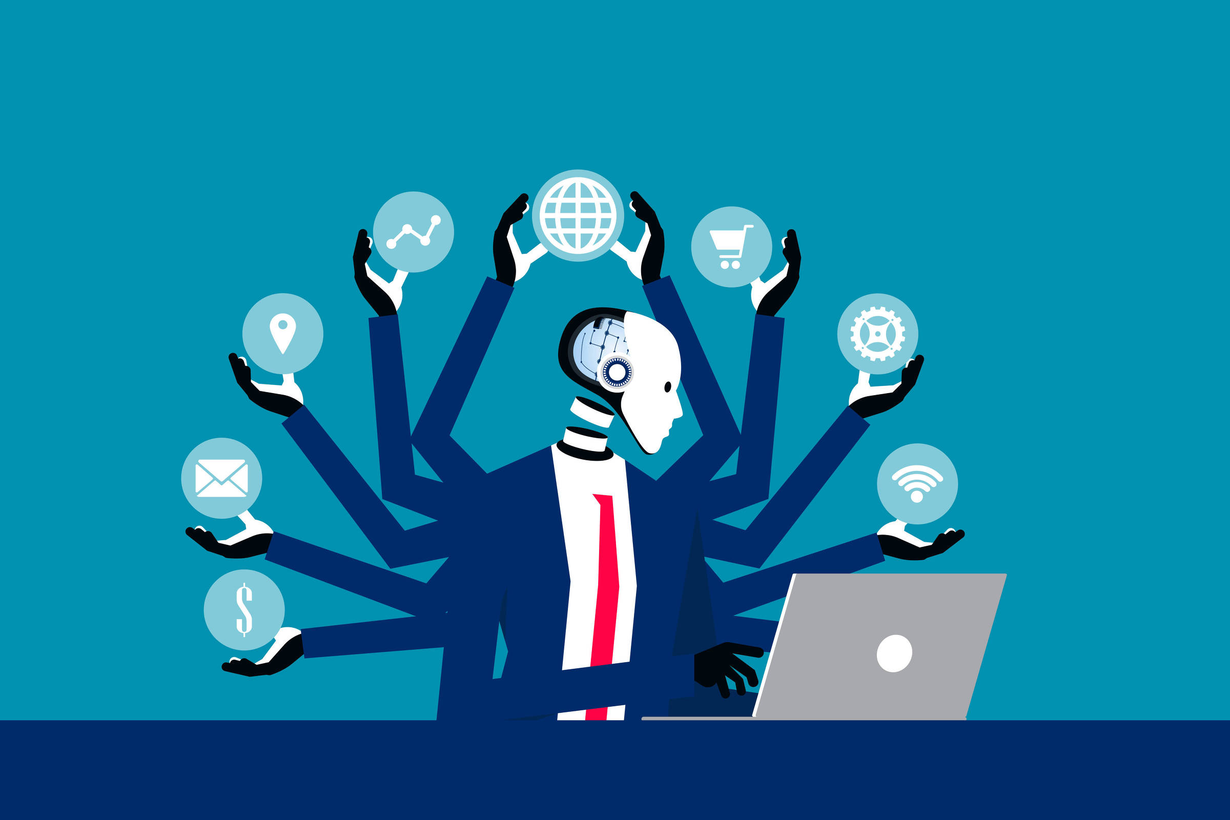 A imagem mostra um robô com um corpo humanoide e uma cabeça de máquina, sentado em uma mesa e usando um laptop. O robô possui múltiplos braços que seguram ícones representando diferentes atividades, como um globo, um gráfico, um carrinho de compras, um localizador, um ícone de e-mail, um símbolo de dinheiro, e ícones de conectividade. O fundo é de uma cor azul sólida.