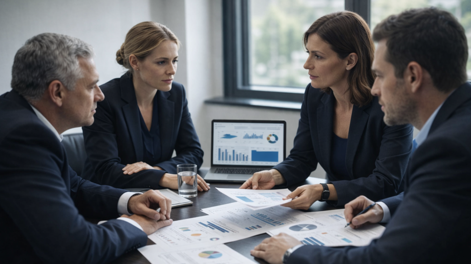 Executivos analisando relatórios e discutindo dados comportamentais em reunião corporativa