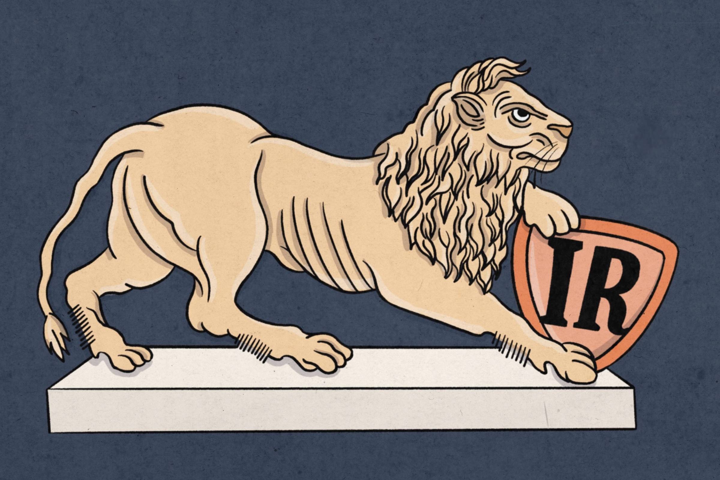 A imagem apresenta um leão estilizado em posição de alerta, com uma pelagem clara e uma juba detalhada. O leão está apoiado sobre uma base branca e segura um escudo laranja com as letras
