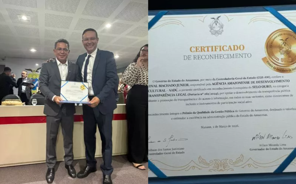 Manaus (AM), O diretor-presidente da Agência Amazonense de Desenvolvimento Cultural (AADC), Edval Machado Júnior, conquistou o Selo Ouro de Gestão de Qualidade do Sistema de Controle Interno nesta quinta-feira (12).