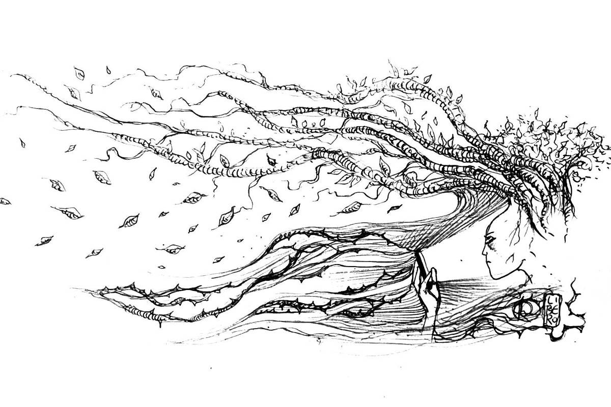 Na parte inferior da ilustração vemos sombras e ramos espinhosos que vão até um celular na parte direita da ilustração, o celular ilumina o rosto de um jovem, de sua cabeça partem ramos e galhos retorcidos que, como em uma ventania de outono, perdem suas folhas ao vento. O jovem vê desconfiado essas folhas que se vão.