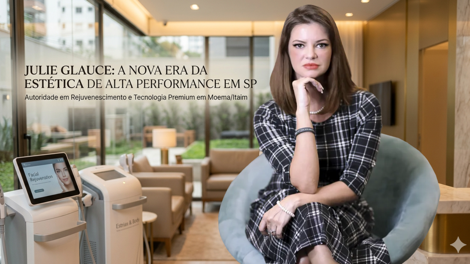 Julie Glauce em clínica de estética premium em São Paulo, segurando tablet em ambiente sofisticado voltado para rejuvenescimento facial e tratamentos avançados.