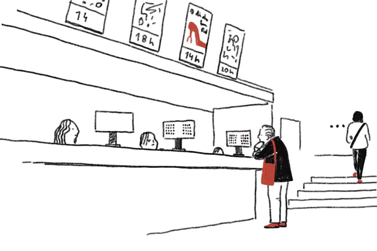Em uma ilustração minimalista de guichê de cinema, um homem com sapatos e bolsa vermelhos, compra ingresso.  Dentre os cartazes de filmes acima de sua cabeça, um demente ao filme em cartaz o diabo veste Prada