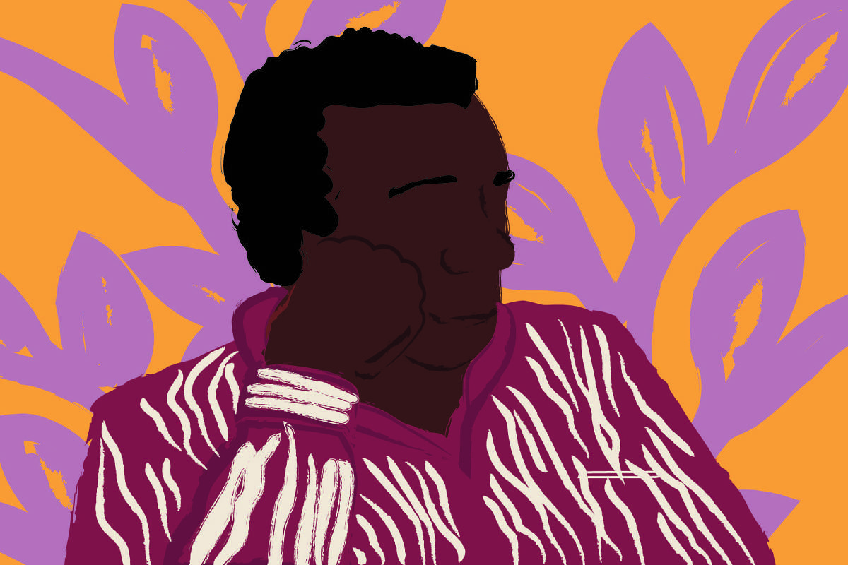 Sobre um fundo amarelo, com adornos lilás, está a ilustração de Milton Santos. Ele é um homem negro, de cabelos crespos e curtos, usa uma camisa vermelha com listras brancas e seu rosto está apoiado em sua mão.