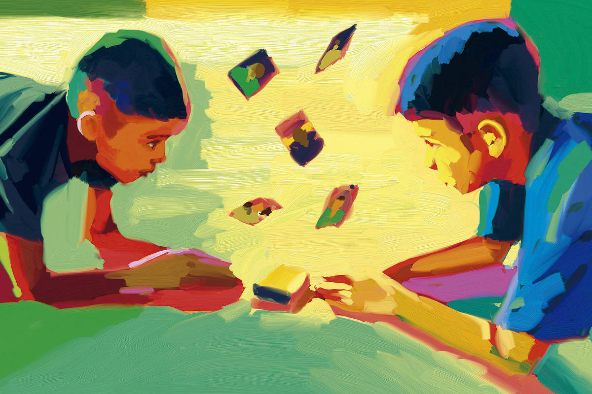 A ilustração de Adams Carvalho, publicada na Folha de São Paulo no dia 10 de maio de 2026, mostra o desenho de duas crianças agachadas frente a frente no chão, apoiadas sobre seus cotovelos, olhos no olhos  e entre elas uma pilha de figurinhas da copa do mundo.