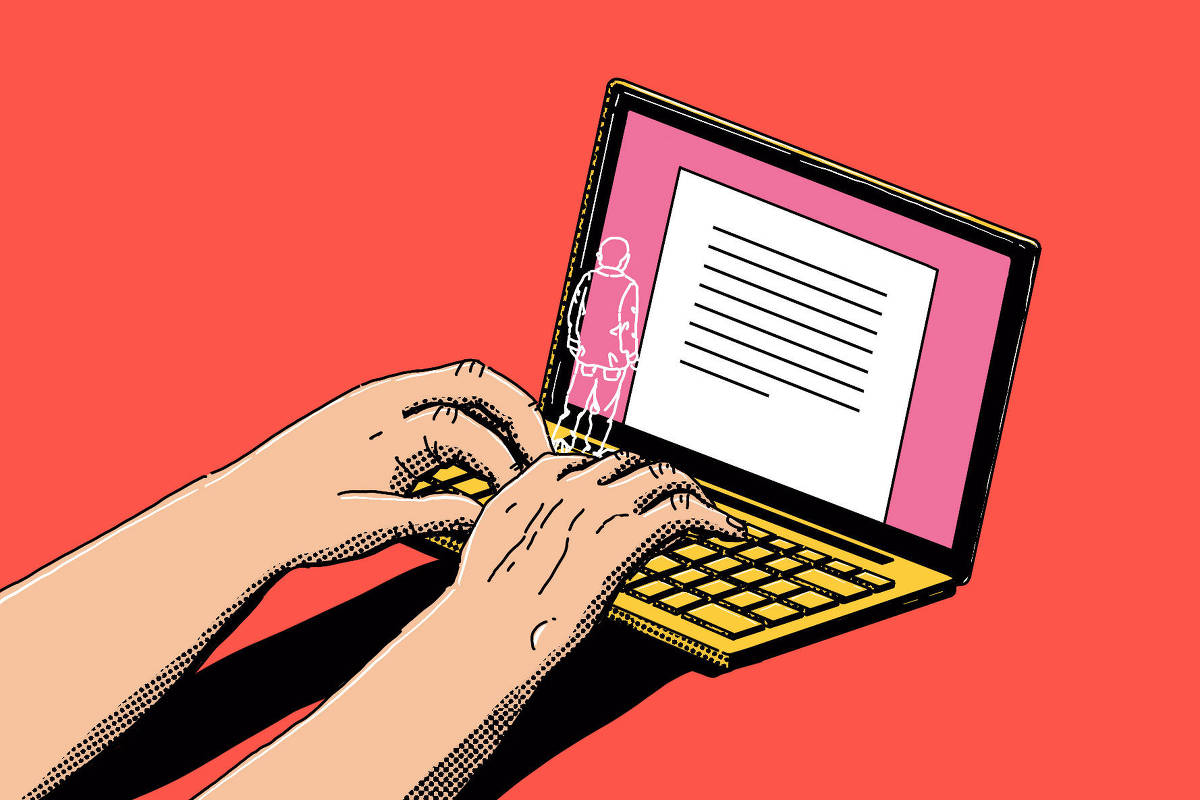Ilustração mostra duas mãos digitando em teclado amarelo de notebook com fundo vermelho. Na tela do notebook, há um documento com linhas pretas simulando texto sobre fundo branco e rosa. Uma pequena figura humana transparente, desenhada em linhas brancas, está em pé sobre o teclado, olhando para o documento na tela.