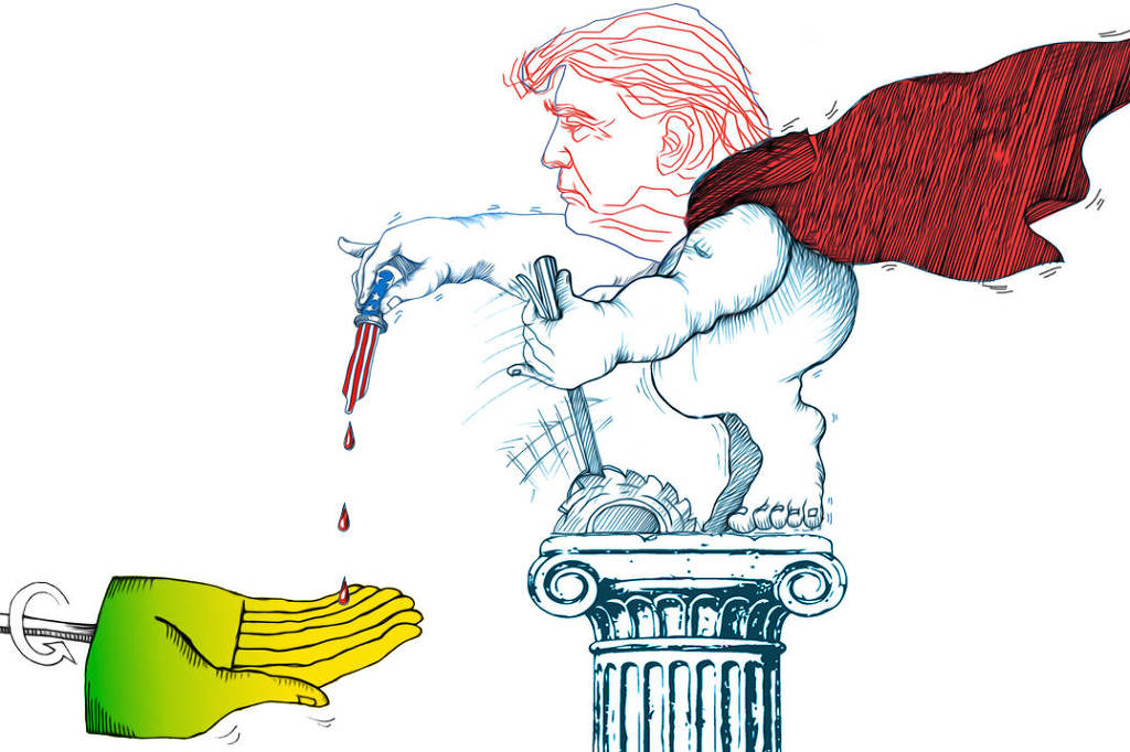 Ilustração bico de pena sobre fundo branco. À direita, uma figura caricata do presidente americano, nua, sobre um capitel de coluna clássica. Uma capa vermelha esvoaçante cobre suas costas, reforçando uma aparência de super-herói e líder poderoso. Com uma das mãos, a figura segura a palanca dum breque de mão antigo, que mostra seu controle sobre o andar de todos os acontecimentos; com a outra, inclina um conta-gotas decorado como a bandeira dos Estados Unidos. Do conta-gotas caem gotas vermelhas provenientes das faixas vermelhas da bandeira, que se dirigem a uma mão estendida do lado esquerdo da imagem. A mão verde-amarela com sete cobiçosos dedos, trémula, em movimento de vaivém, aguarda  receber as gotas como se fossem uma bênção, remédio infalível para a situação atual. A composição sugere uma relação de  submissão, em que uma figura do poder norte-americano concede algo valioso a um agente identificado com o nacionalismo brasileiro.