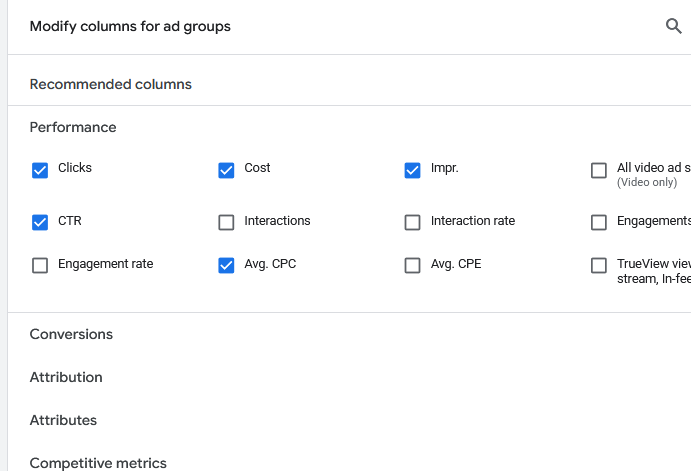 O fluxo de trabalho Modificar colunas no Google Ads. Seu intervalo de desempenho é… não o desempenho real.