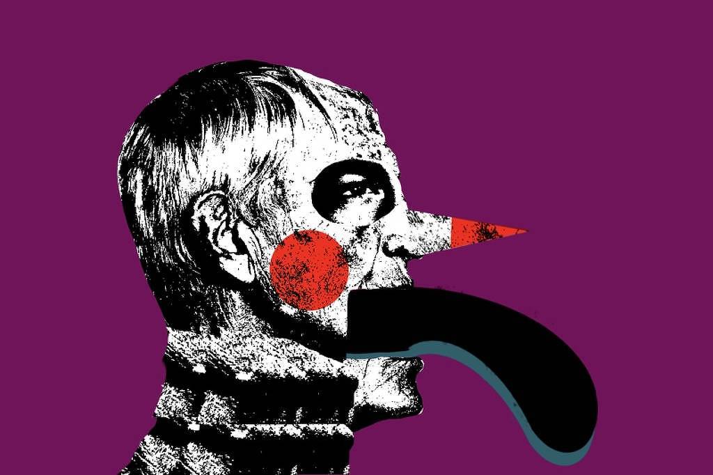 Perfil de um homem com cabelo curto e grisalho, com rosto em preto e branco texturizado. Possui um círculo vermelho na bochecha e um nariz alongado e pontiagudo na cor vermelha, semelhante ao do personagem Pinóquio. Da boca sai uma forma preta alongada que se curva para baixo. Fundo roxo sólido.