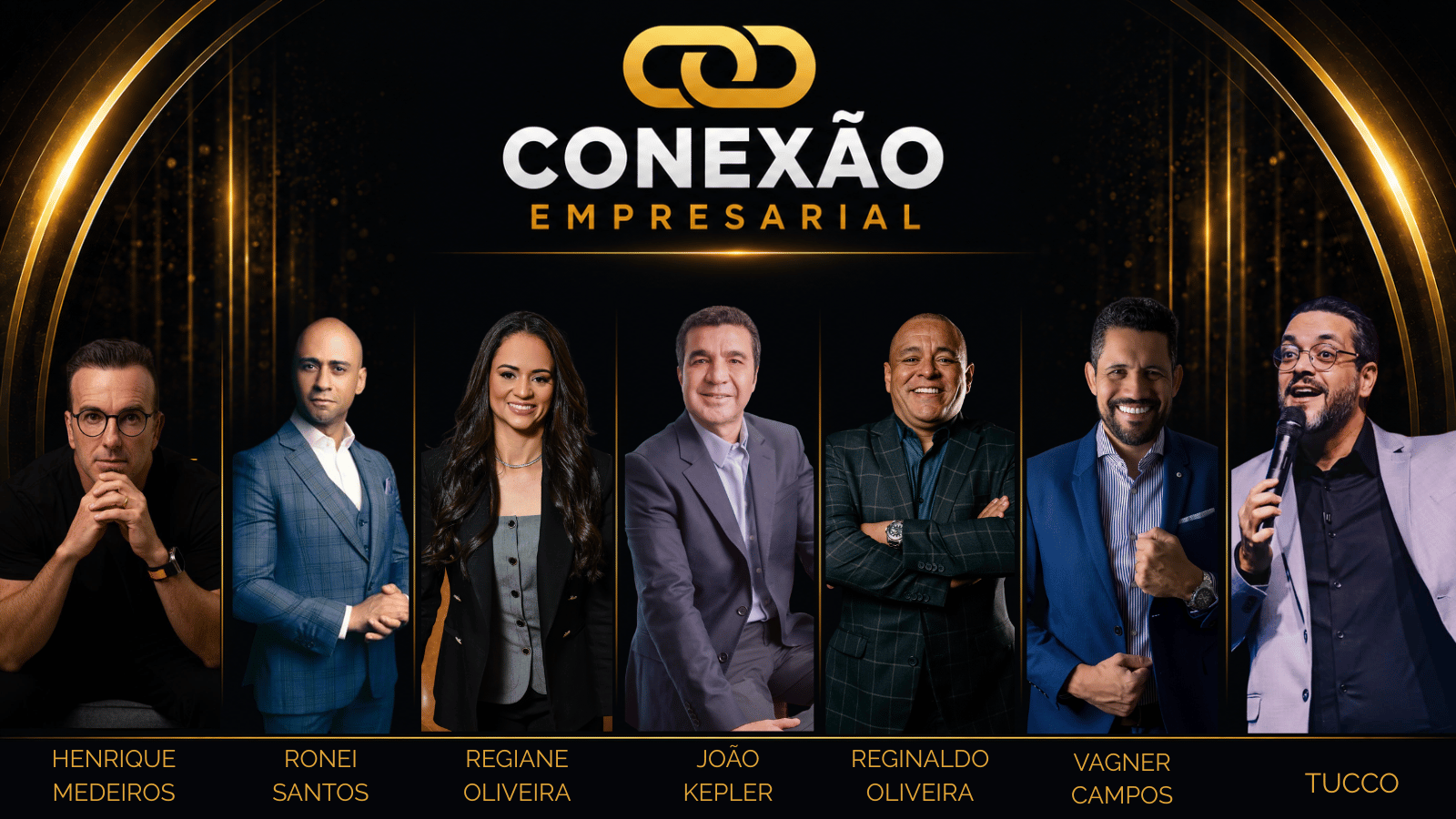 Participantes do Conexão Empresarial reunidos na identidade visual oficial do evento.