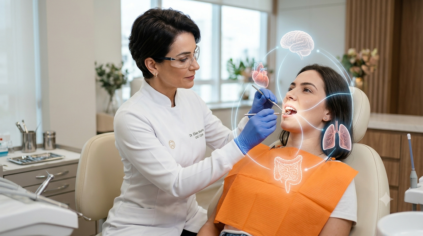 Dentista realiza avaliação clínica em paciente enquanto elementos gráficos representam a conexão entre a saúde bucal e órgãos como cérebro, coração, pulmões e sistema digestivo, destacando a odontologia integrativa e o diagnóstico precoce.