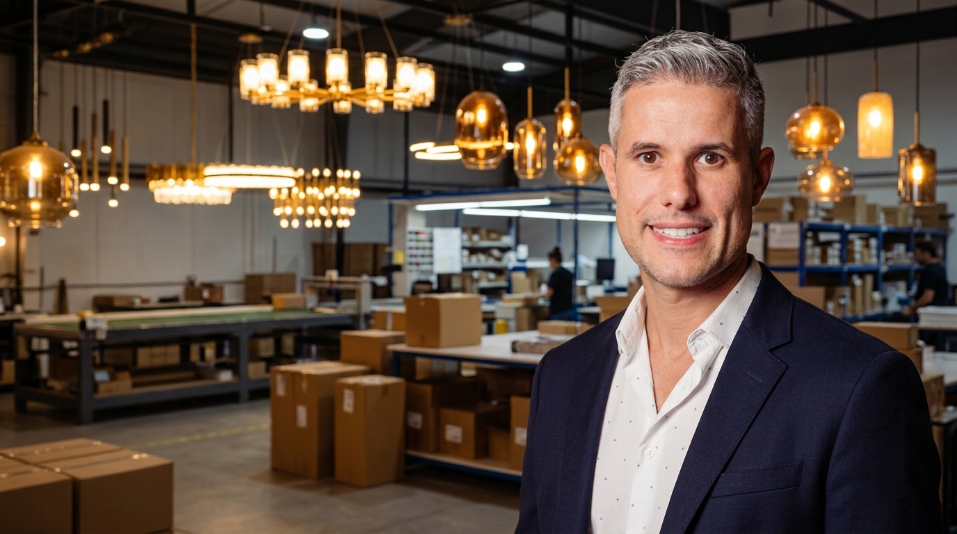 Eduardo Vaccari em fábrica de lustres com operação de produção e logística ao fundo.