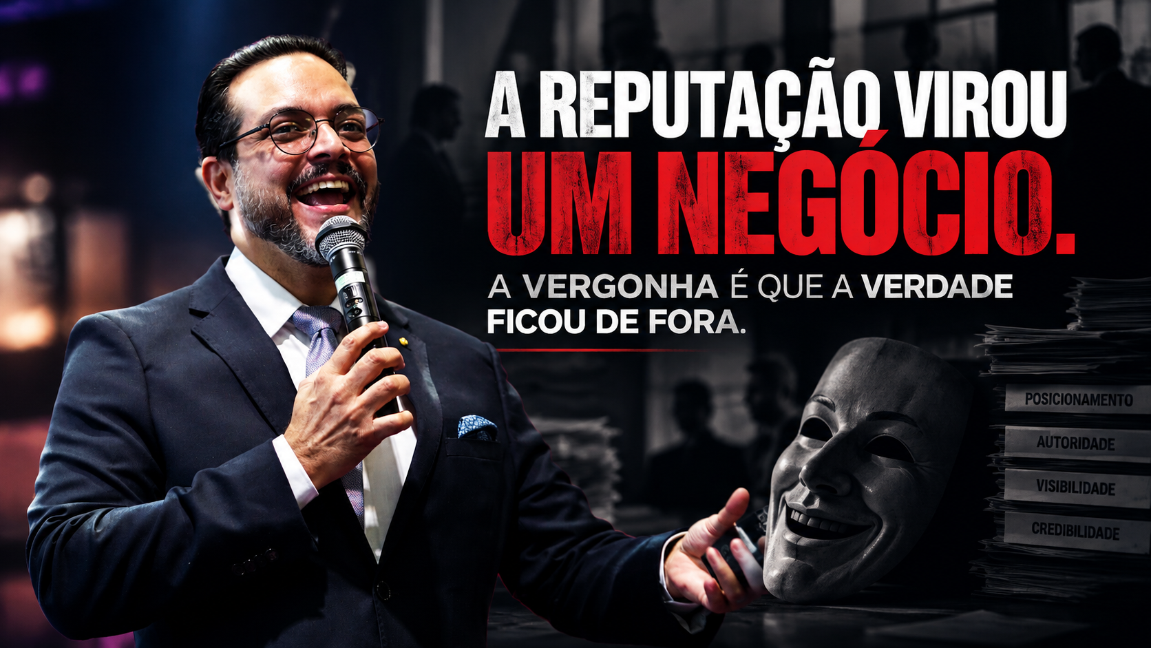 Imagem editorial mostra duas versões de Tucco, estrategista de reputação, separadas por um espelho rachado. Uma representa a credibilidade autêntica; a outra, a reputação maquiada, simbolizando o conflito entre verdade, aparência e autoridade no mundo corporativo.