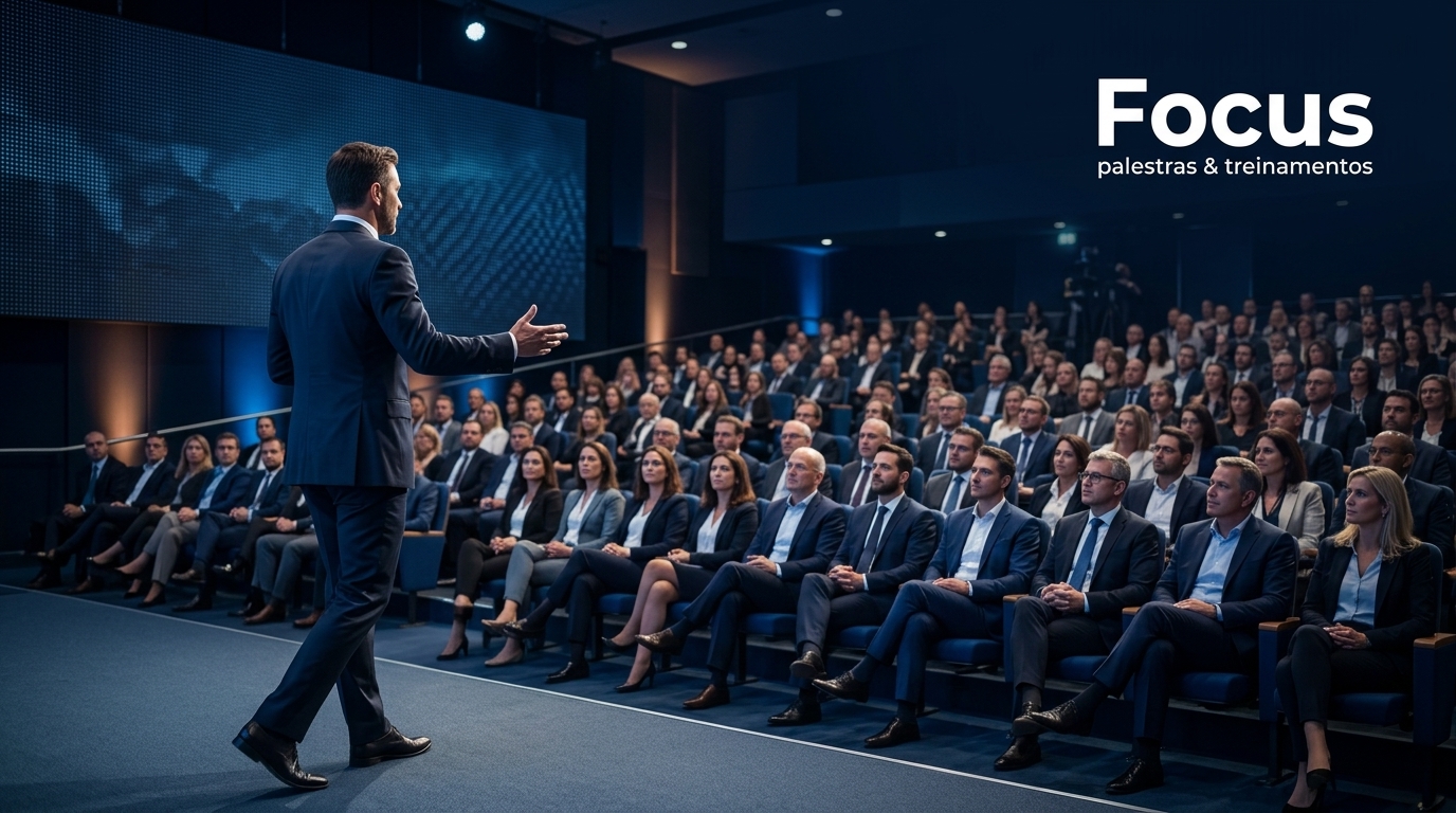 Palestrante conduz apresentação para uma plateia de executivos em auditório corporativo, com a marca Focus Palestras & Treinamentos em destaque.