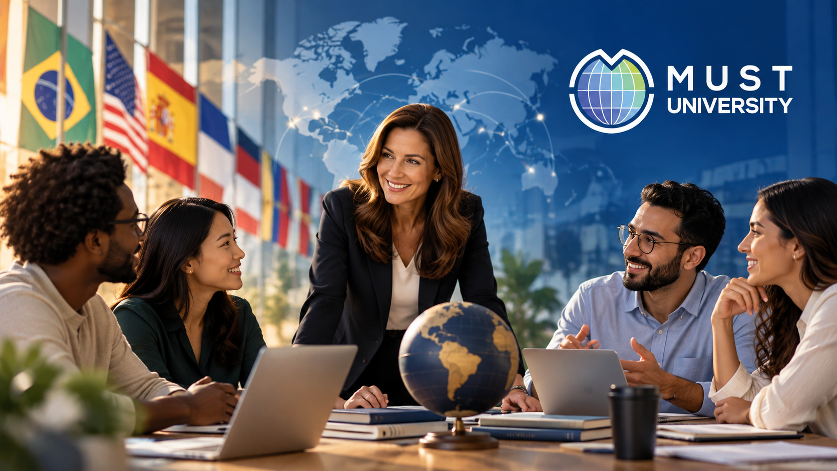 Liderança multicultural e gestão de conflitos na MUST University, representadas por uma equipe diversa reunida em ambiente acadêmico internacional.